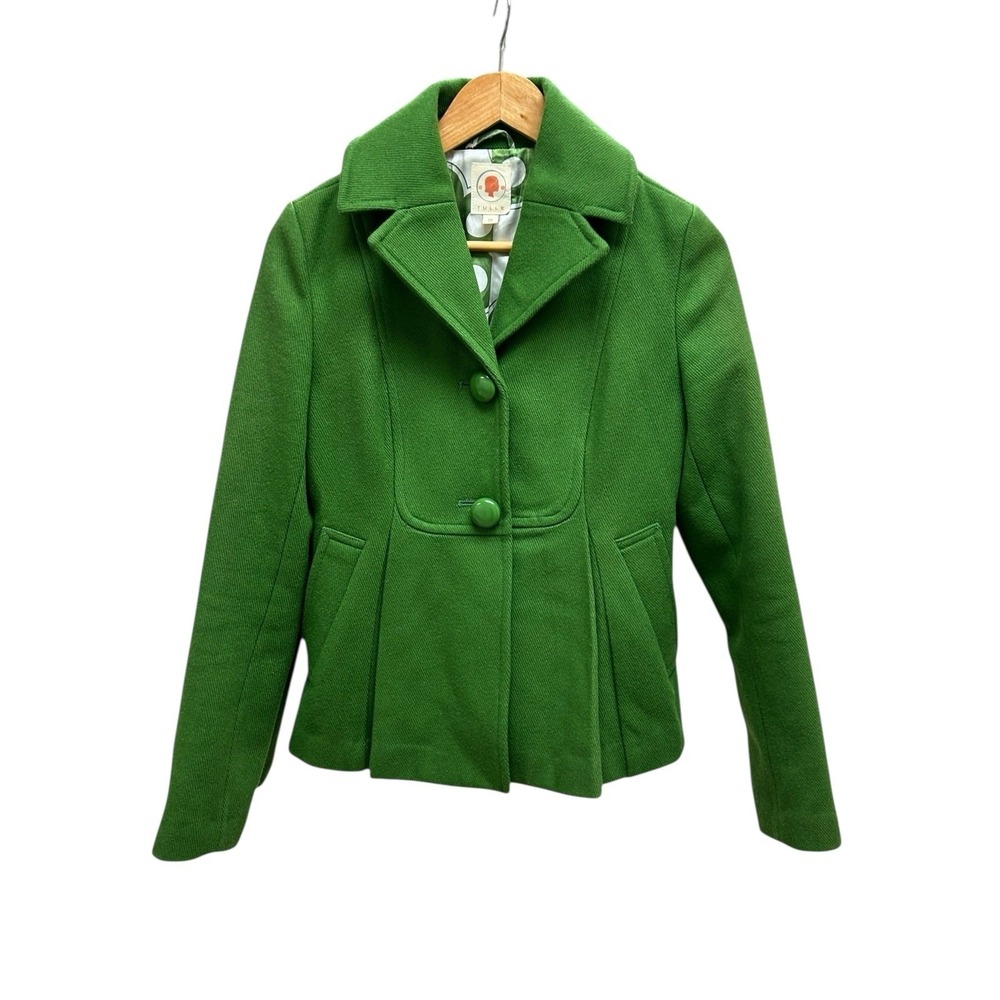 Tulle Wool Blend Pea Coat Jacket Green Small Retro Mod Pleated Back Lined